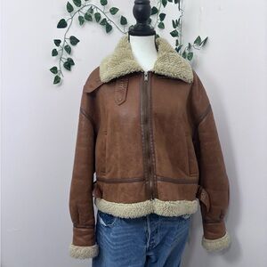 Brown Leather Shearling Women's Bomber Jacket size M/L Faux Fur Coat